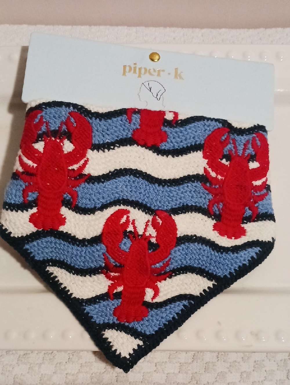 Piper Knit Bandana Bib with Red🦞 Lobsters on Blue & White Waves 🦞